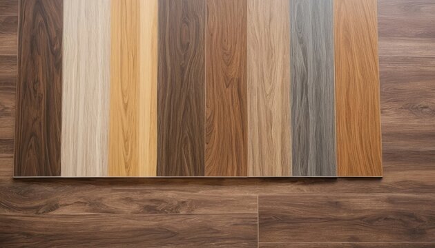 Diverse laminate and vinyl flooring samples, including parquet and wood chipboard, for home decor and construction finishing advertisements. AI generated.
