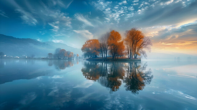 A serene lake reflecting autumn trees under a cloudy sky with distant mountains in the background - Powered by Adobe