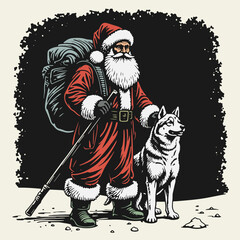 Vintage color illustration in linocut style full-length Santa Claus with a sack. Hand-drawn, bold contrast, retro design, perfect for colored holiday prints.