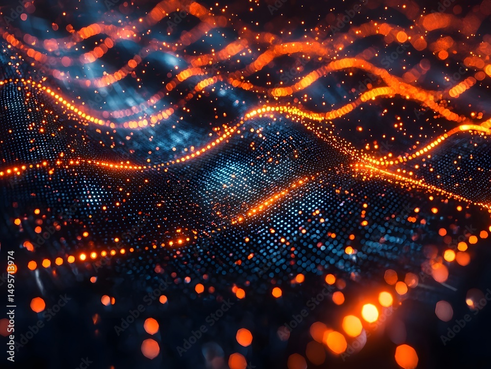 Poster digital matrix of entangled qubits forming an abstract network of infinite possibilities and future 