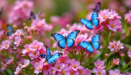 spring floral background featuring blue butterflies on pink flowers, copy space available above and below the image