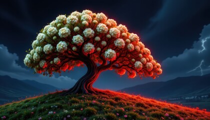 whimsical tree with cauliflower clusters on a green hill, subject at the top with ample copy space at the bottom