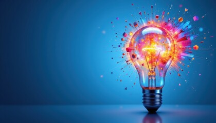 create a digital art piece featuring a light bulb with a vibrant color explosion set against a blue background