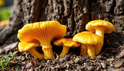 vivid yellow chanterelle mushrooms in underside view, polished style, under noon sunlight, two mushrooms on right