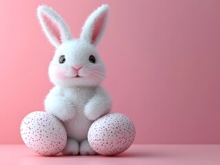 Fototapeta premium Soft and fluffy Easter bunny peeking out from behind spotted eggs