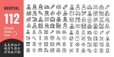 
Hospital Line Icon Set – Editable Thin Outline Medical Symbols for Healthcare, Emergency, and Treatment UI
