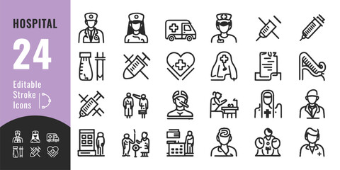 
Hospital Line Icon Set – Editable Thin Outline Medical Symbols for Healthcare, Emergency, and Treatment UI

