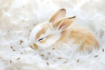 A sleeping baby rabbit nestled in a fluffy white bed of down with scattered seeds around it softly