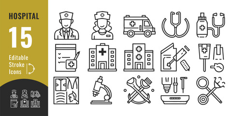 
Hospital Line Icon Set – Editable Thin Outline Medical Symbols for Healthcare, Emergency, and Treatment UI
