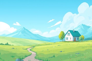 Cute Cartoon Green Hill Landscape with Trees and Clouds 