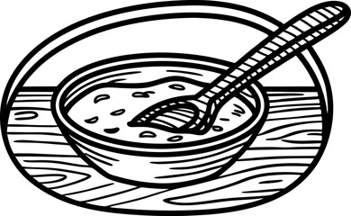 Illustration of porridge bowl with spoon on wooden table