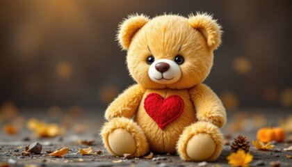 Obraz premium cute teddy bear with a red heart, goldenrod tones.