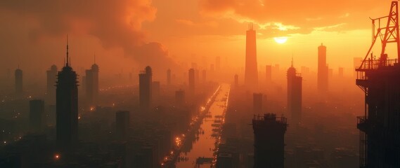 Dystopian Landscape with Metropolis Immersed in Orange Pollution