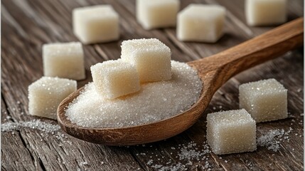 Sugar cubes and granulated sugar in a wooden spoon