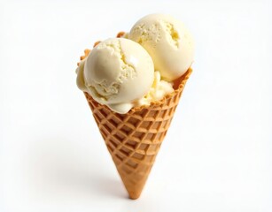 Isolated Cone with Two Scoops of Vanilla Ice Cream on White Background
