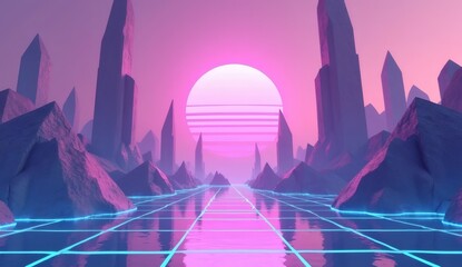 Vaporwave 80's Sunset Illustratin with Grid and Peaks