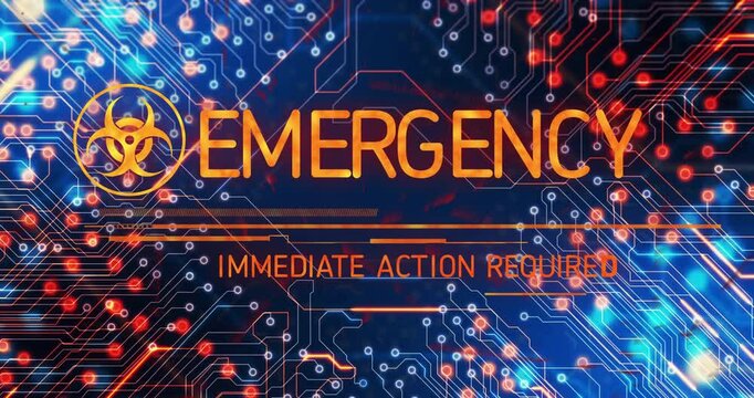 Biohazard symbol appearing starting sliding data bars drawing traces typing EMERGENCY raising alarm