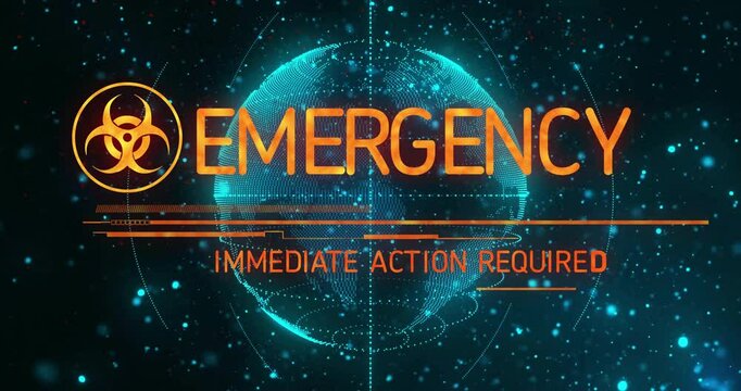 Turquoise globe emerging rotating while biohazard icon fading emergency text forming alerting