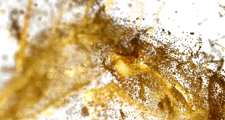 Golden Particles Explosion, Abstract Background, Luxury Texture, Glitter, Sparkle, Dust, Shimmer, Gold, Yellow, White, Festive, Celebration, Design Element, Stock Photo