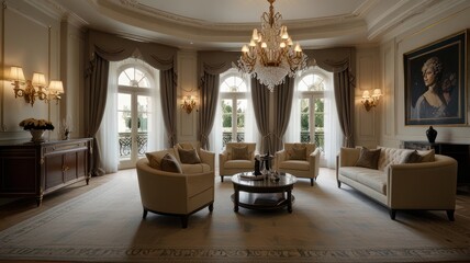 Luxurious, spacious sitting room with elegant furnishings. Large arched windows showcasing a garden view