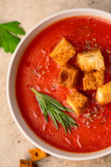 Homemade tomato soup on vintage table
