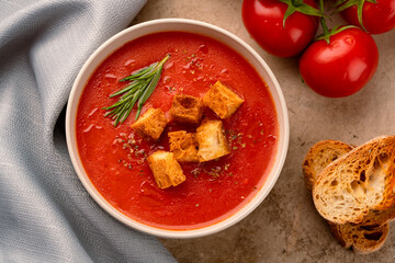 Homemade tomato soup on vintage table
