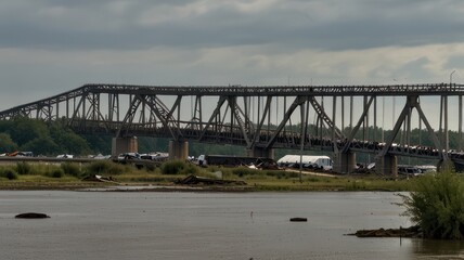 Fototapeta premium Steel bridge spanning a river, heavy traffic. Construction or maintenance is occurring