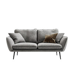 Fototapeta premium Modern grey sofa with two cushions on a white background.