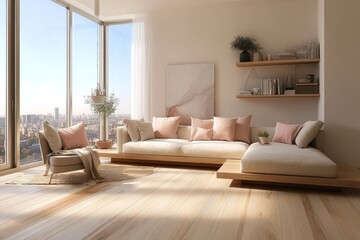 Modern minimalist living room with city view