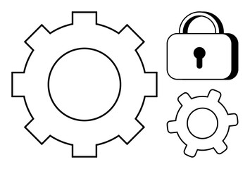 Large and small gear cogs with a padlock emphasizing security, optimization, and integration. Ideal for technology, cybersecurity, system settings, data protection, process innovation, technical