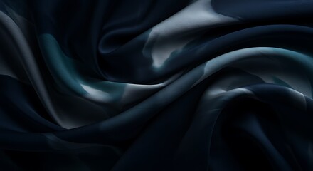 Fototapeta premium Abstract Flowing Silk Fabric in Deep Navy Blue, Metallic Silver, and Smoky Teal with Soft Directional Lighting for a Luxurious and Moody Aesthetic