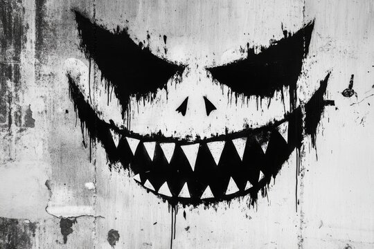 Minimalist dark graffiti face with creepy smile, X eyes, and jagged teeth in black and white horror style