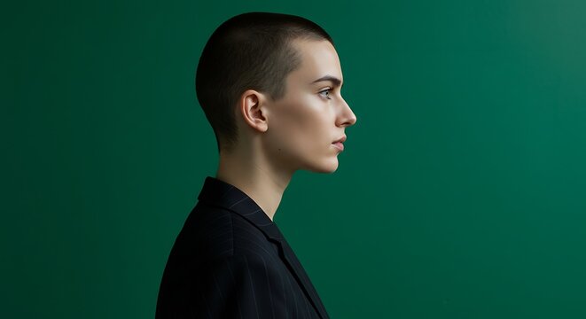 Profile of Androgynous Model with Buzzcut Wearing Sharp Suit Against Bold Color Wall Generative AI
- Powered by Adobe