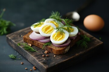 Scandinavian open-faced sandwich on rye bread topped with pickled herring, boiled eggs, red onions, and dill