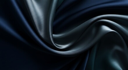 Abstract Flowing Silk Fabric in Deep Navy Blue, Metallic Silver, and Smoky Teal with Soft Directional Lighting for a Luxurious and Moody Aesthetic