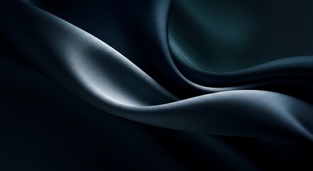 Abstract Flowing Silk Fabric in Deep Navy Blue, Metallic Silver, and Smoky Teal with Soft Directional Lighting for a Luxurious and Moody Aesthetic
