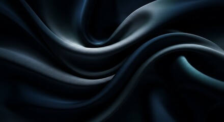 Abstract Flowing Silk Fabric in Deep Navy Blue, Metallic Silver, and Smoky Teal with Soft Directional Lighting for a Luxurious and Moody Aesthetic