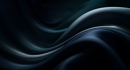 Abstract Flowing Silk Fabric in Deep Navy Blue, Metallic Silver, and Smoky Teal with Soft Directional Lighting for a Luxurious and Moody Aesthetic