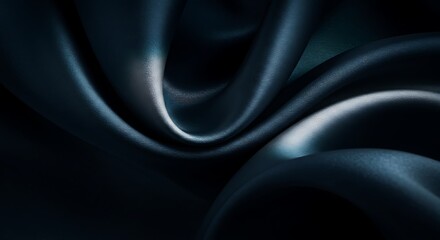 Abstract Flowing Silk Fabric in Deep Navy Blue, Metallic Silver, and Smoky Teal with Soft Directional Lighting for a Luxurious and Moody Aesthetic