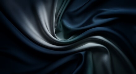 Abstract Flowing Silk Fabric in Deep Navy Blue, Metallic Silver, and Smoky Teal with Soft Directional Lighting for a Luxurious and Moody Aesthetic