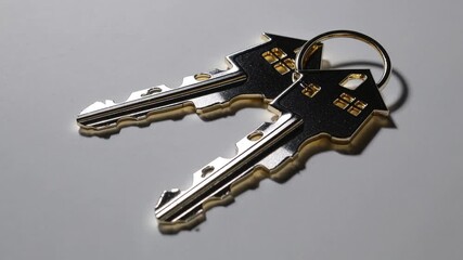 House key pair with gold metal house shaped keyring isolated on white background. - Powered by Adobe