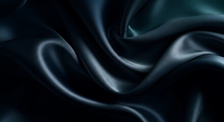 Abstract Flowing Silk Fabric in Deep Navy Blue, Metallic Silver, and Smoky Teal with Soft Directional Lighting for a Luxurious and Moody Aesthetic