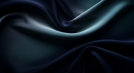 Abstract Flowing Silk Fabric in Deep Navy Blue, Metallic Silver, and Smoky Teal with Soft Directional Lighting for a Luxurious and Moody Aesthetic