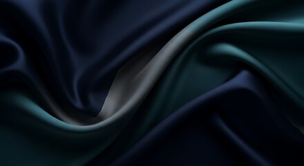 Abstract Flowing Silk Fabric in Deep Navy Blue, Metallic Silver, and Smoky Teal with Soft Directional Lighting for a Luxurious and Moody Aesthetic