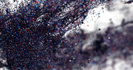 Dynamic explosion of red blue particles. Abstract background.
