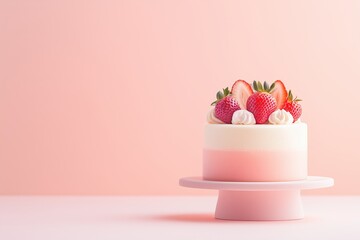 Strawberry vanilla layered entremet dessert on pastel-colored pedestal. Modern cake with fresh strawberries
