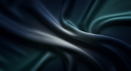 Abstract Flowing Silk Fabric in Deep Navy Blue, Metallic Silver, and Smoky Teal with Soft Directional Lighting for a Luxurious and Moody Aesthetic