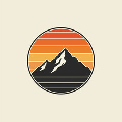 Sunset above mountains peak silhouette. Vintage styled mountain logo or sticker or poster template. Vector illustration