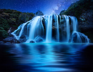Fototapeta premium waterfall with glowing blue lights under night sky nature