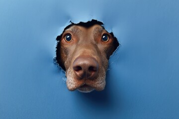  dog's nose peering through a hole in blue paper, a humorous animal concept, against a solid color background 